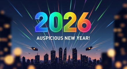 Digital image of a cityscape silhouette beneath a starry sky with colorful streaks, celebrating the year 2026, symbolizing aspiration and future.