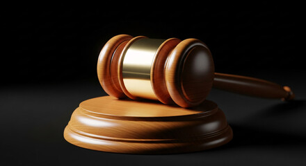 Obraz premium Wooden judge gavel and soundboard on black background representing law and justice concept