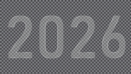 New Year 2026 round square transparent button set on grey background. 3d vector realistic ui icon.