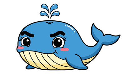 Fototapeta premium Cute cartoon blue whale spouting water with happy expression