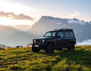 Black SUV parked atop a grassy knoll with misty mountains and setting sun in background, evocative wilderness scenery