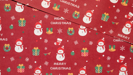 red christmas background with snowmans and snowflakes and gifts,seamless pattern of nowmans and garland and bell on red background,Christmas wrapping paper, Xmas pattern with ornaments.