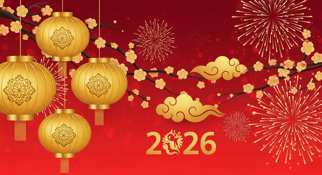 Red background with golden lantern, firework, cloud and flower illustration. Represents a festive celebration, Chinese new year, lucky and traditional event