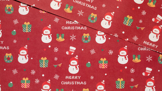 red christmas background with snowmans and snowflakes and gifts,seamless pattern of nowmans and garland and bell on red background,Christmas wrapping paper, Xmas pattern with ornaments.