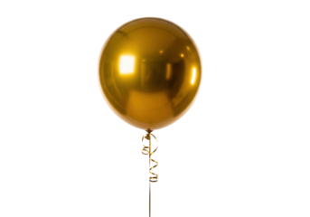 a single, perfectly inflated, opulent deep gold mylar helium balloon with dramatic specular highlights and coiled ribbon, suspended against a transparent background with copy space, clean high-end