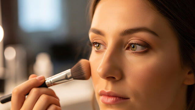 An elegant woman gets makeup on her face by brush, creating a vision of beauty.
