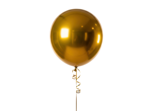 a single, perfectly inflated, opulent deep gold mylar helium balloon with dramatic specular highlights and coiled ribbon, suspended against a transparent background with copy space, clean high-end