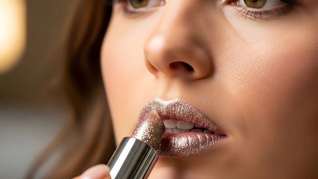 A close-up captures a woman applying a shimmery lipstick, highlighting her lips in a delicate and glamorous manner. The scene is illuminated.