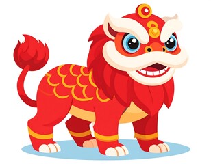 Cartoonish red lion with gold accents standing on light blue ground, smiling with big blue eyes