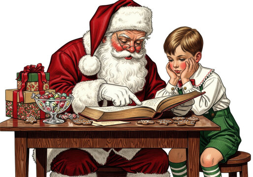 Elderly santa and caucasian boy in vintage attire reading a storybook by warm light at a polished table with christmas candy and gifts, concept of magical christmas intimacy