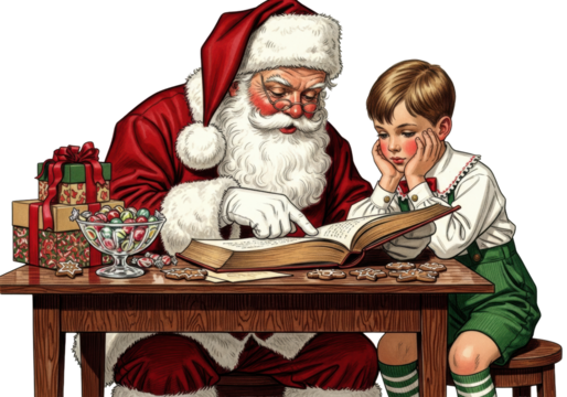 Elderly santa and caucasian boy in vintage attire reading a storybook by warm light at a polished table with christmas candy and gifts, concept of magical christmas intimacy