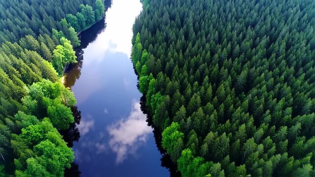 Aerial view of a winding river flowing through a dense, lush green forest, reflecting the sky and clouds.