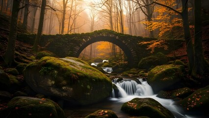 Naklejka premium Mystical Stone Bridge Waterfall Autumn Forest – Fairy Tale Landscape with Moss and Golden Light