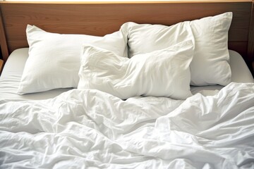 Obraz premium Cozy Rumpled Bed Covering on a Bright Sunny Morning, Ideal for Relaxing Slumber Vacations