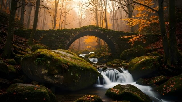 Mystical Stone Bridge Waterfall Autumn Forest – Fairy Tale Landscape with Moss and Golden Light