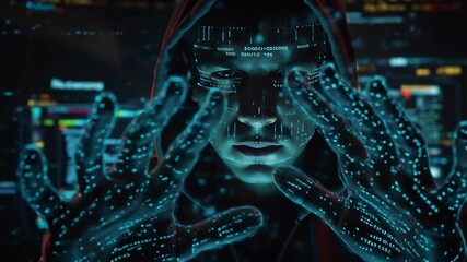 Closeup hacker hooded typing on laptop dark room, symbolizing cybercrime, working laptop glowing screen dark digital data breach, digital security analyzing code screen. Programming script reflects