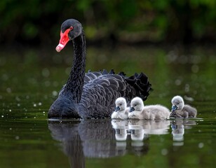 Black swan swimming with three grey cygnets in green water with lush foliage backdrop, serene avian scene