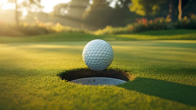 Golf ball resting near the hole on a sunny green course
