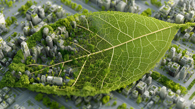 Organic future city built on leaf veins, biomorphic towers, cellular patterns, living plazas, renewal zones, blending nature and urban design