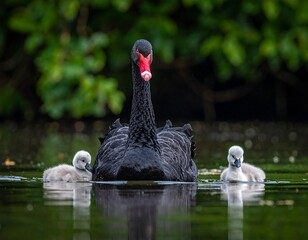 Black swan with cygnets swimming on a pond with verdant foliage blurred in the background
