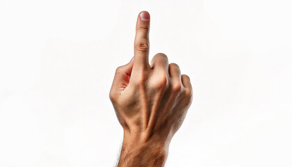 Hand raised up. Index finger points upwards. Bone and fingers