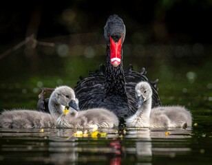 Black swan with red beak surrounded by fluffy, gray cygnets in water with light reflections and dark backdrop