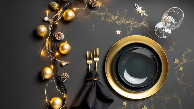Elegant black and gold holiday table setting with festive decor
