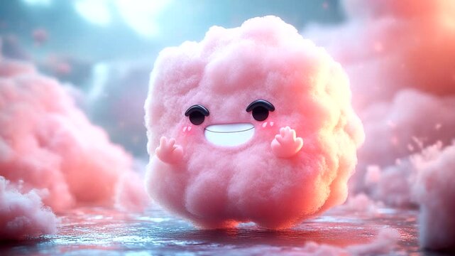 Cute fluffy pink cloud character smiling joyfully amidst a dreamy pastel background