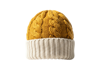 Isolated knitted beanie hat on a bright background made of wool, cable knit, cap, clothing