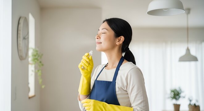 Young Asian woman cleaning home with spray bottle and enjoying fresh air.