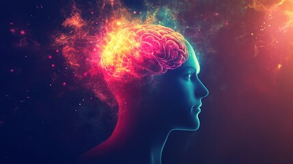 Obraz premium A stylized human head glows with vibrant, colorful energy, resembling a nebula or cosmic explosion, symbolizing the power and complexity of the mind.