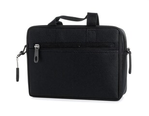 Black textured bag w/ top handle & shoulder strap hook, zipper detail, against a white background