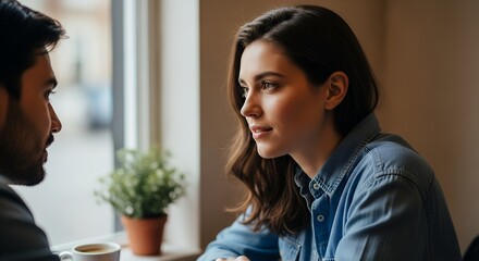 Young couple having a serious conversation in a cafe.