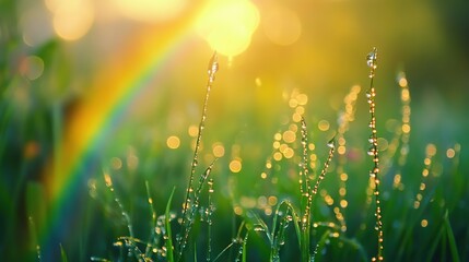 Dew-covered grass blades shimmer in the golden light of a rising sun, creating a vibrant rainbow effect.