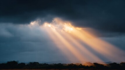 The sky is cloudy and the sun is shining through the clouds