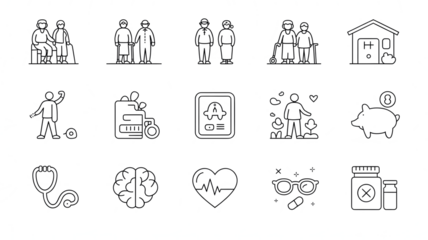 Set of nine abstract line art icons isolated on a transparent background