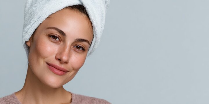 Woman with a towel wrapped around her head is smiling