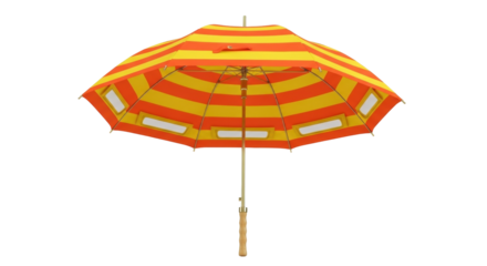 Isolated yellow-orange striped beach umbrella, sunshade with rectangular windows, for sun protection