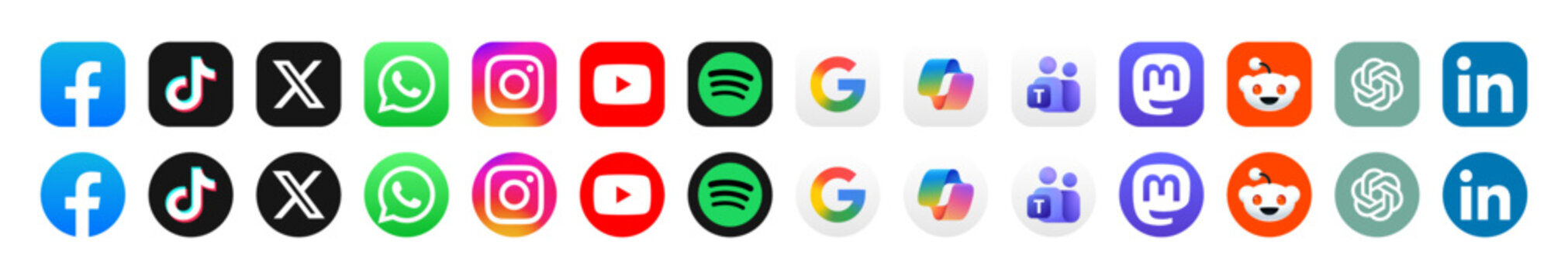 Social media icon logo vector set. Instagram, X, facebook, tiktok, google, teams, reddit app. Popular social media icons button fit for web, mobile app