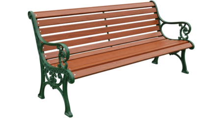 Isolated park bench with green metal frame and wood slats for urban outdoor rest area