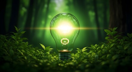 Glowing lightbulb in forest represents green energy and sustainability