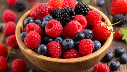 Assorted colorful berries piled in a wooden bowl, resting on a dark brown wood surface; close up, healthy, fresh