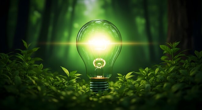 Glowing lightbulb in forest represents green energy and sustainability
