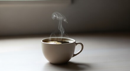 Steaming hot coffee in a minimalist ceramic mug on a light wooden table, capturing the essence of morning tranquility and comfort in a quiet space.