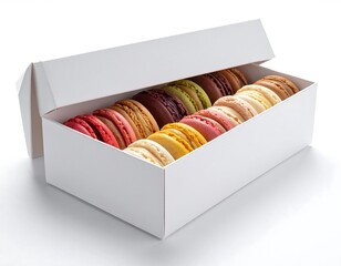 Assorted colorful macarons displayed neatly in a crisp white box, lid partially open on a clean white surface
