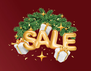 Christmas sale poster. Wreath with gift boxes, gold confetti and green pine tree branch 3d gold balloon lettering New Year sales and gifts, Christmas marketing, holiday promotions design.