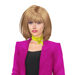 A beautiful young woman with a posh blond bob hair wearing a business suit in 80s style, isolated portrait