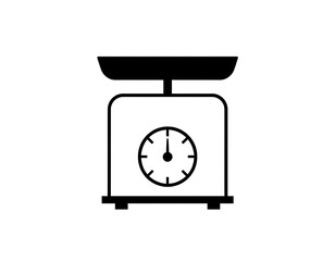 Black vector icon depicts a kitchen scale with a round clock face on a white background