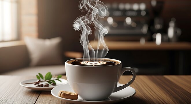 Steaming hot coffee with elegant heart latte art, served in a white cup on a rustic wooden table, creating a warm and tranquil morning scene.