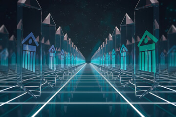 Futuristic real estate concept with a vibrant digital display representing property investments in the metaverse, sparkling future of housing and finance